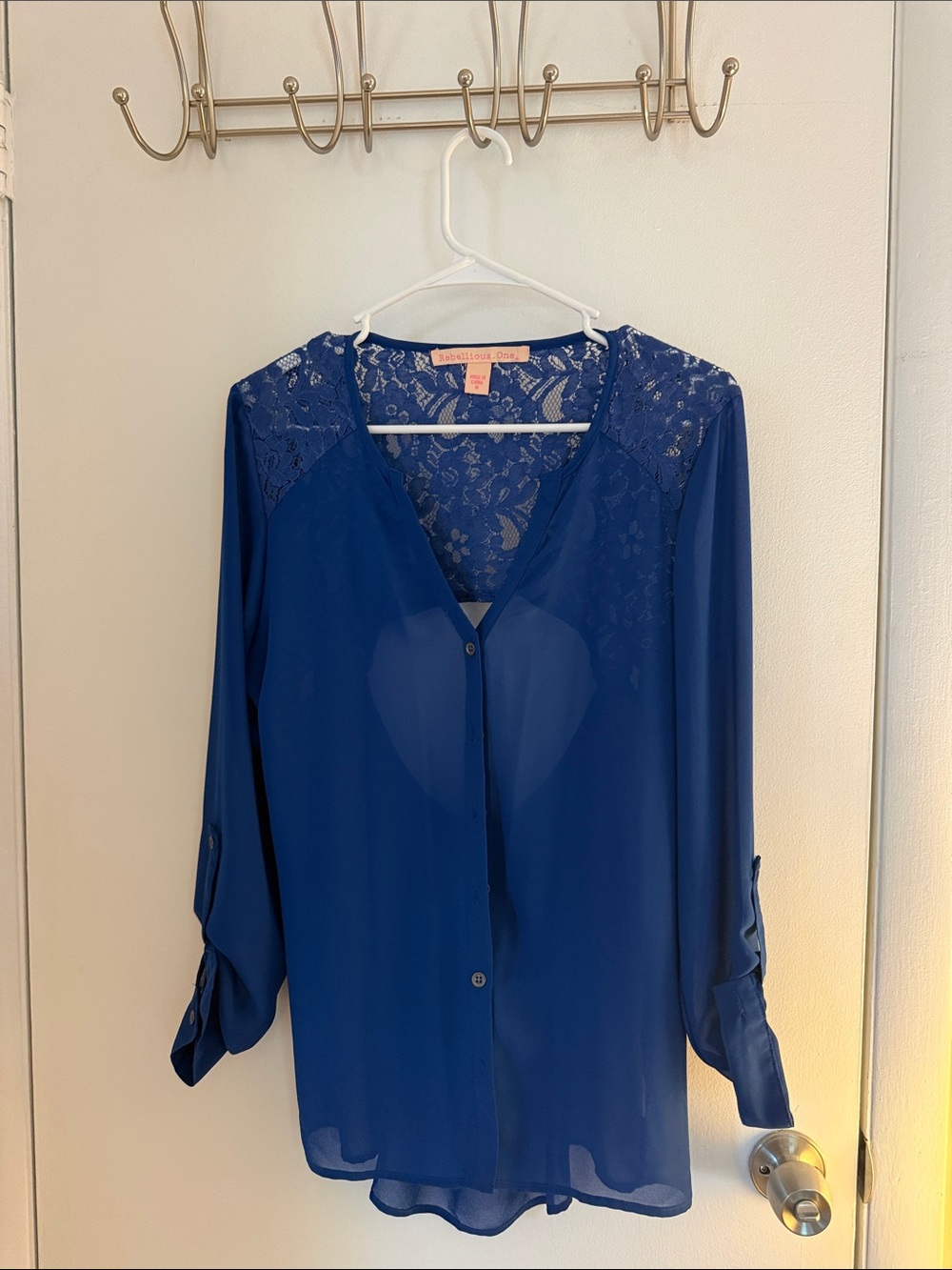 Blue Lace-Detail Button Front Blouse - Unknown Brand